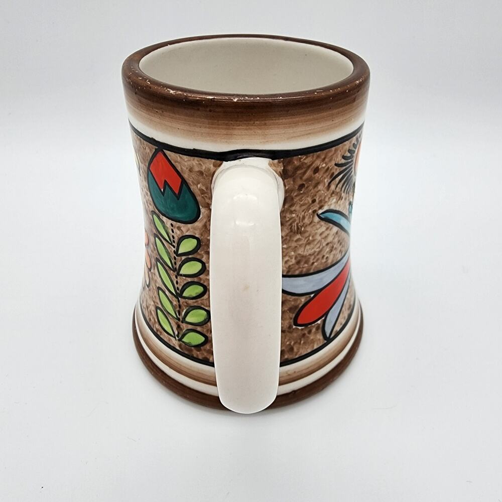 Vintage Bird Motif Coffee Mug Folk Art Hand Painted Colorful Cuernavaca Mexican - Picture 3 of 9